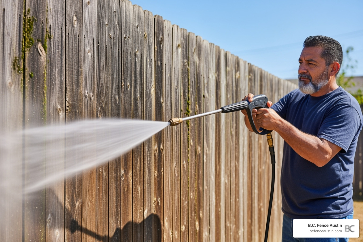 professional using pressure washer to clean wooden fence - fence staining services round rock