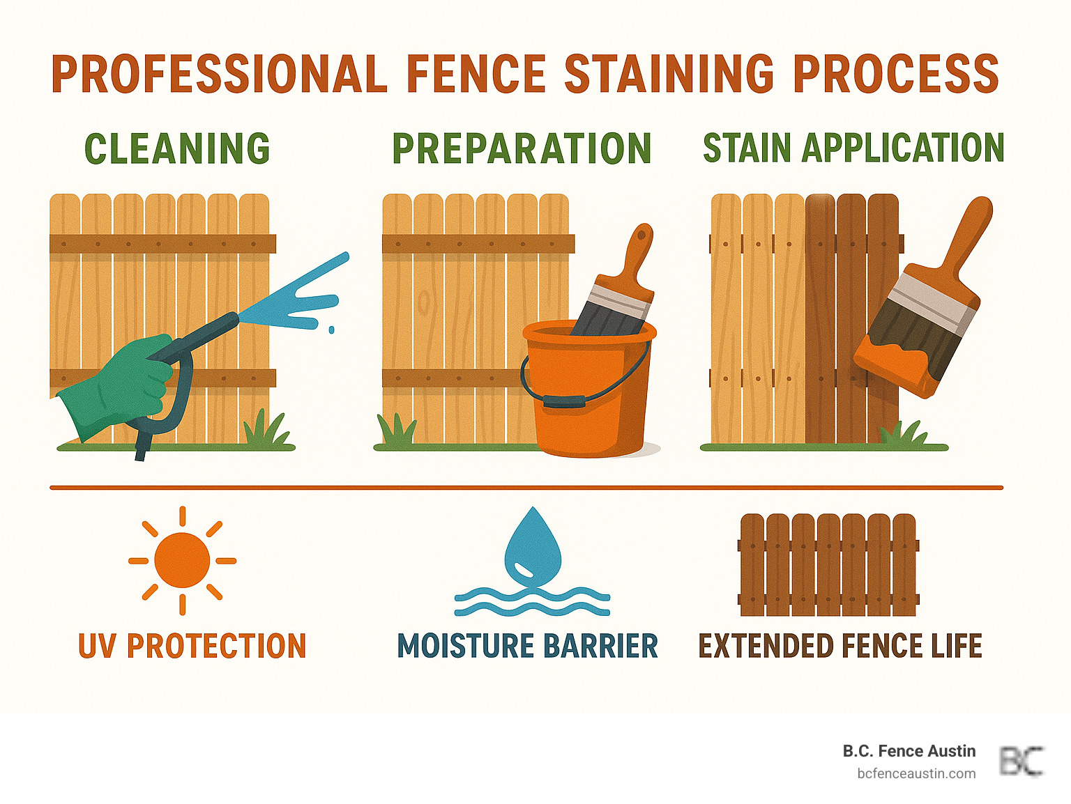 Professional fence staining process showing cleaning, preparation, and stain application with benefits of UV protection, moisture barrier, and extended fence life - fence staining services round rock infographic 