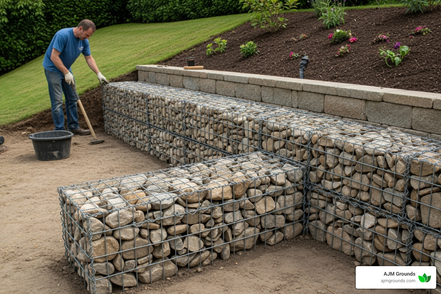 How to Install a Gabion Retaining Wall Without Losing Your Marbles cross-section diagram of gabion wall construction - installing a gabion retaining wall