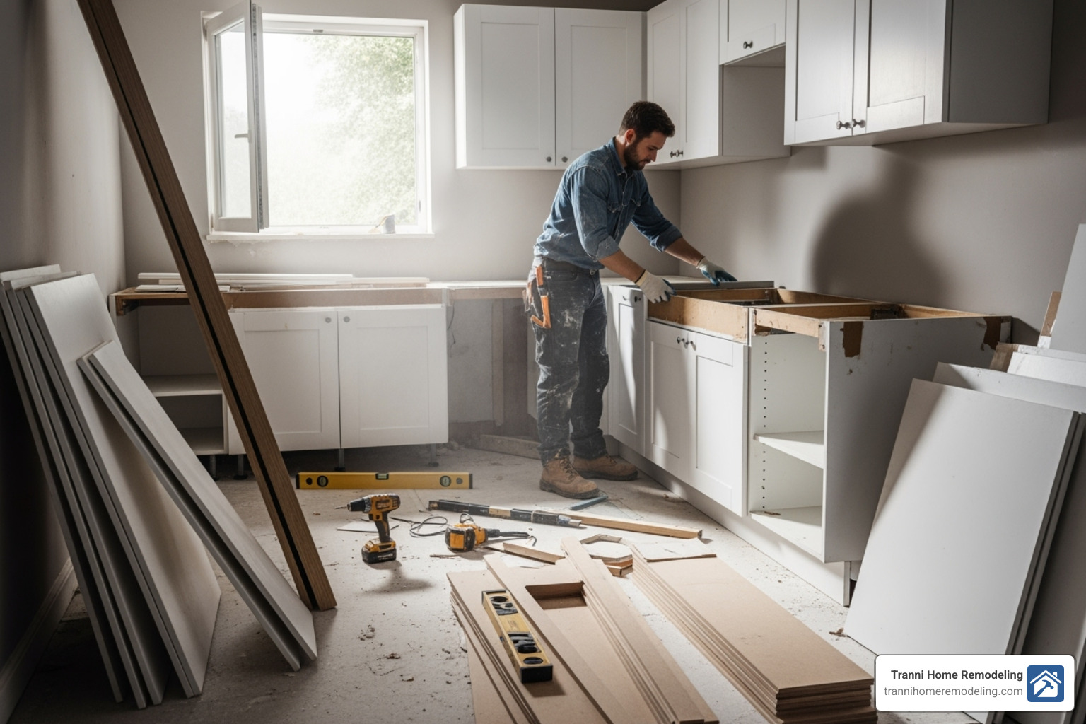 Kitchen mid-renovation showing new cabinet installation - best kitchen remodelers near me