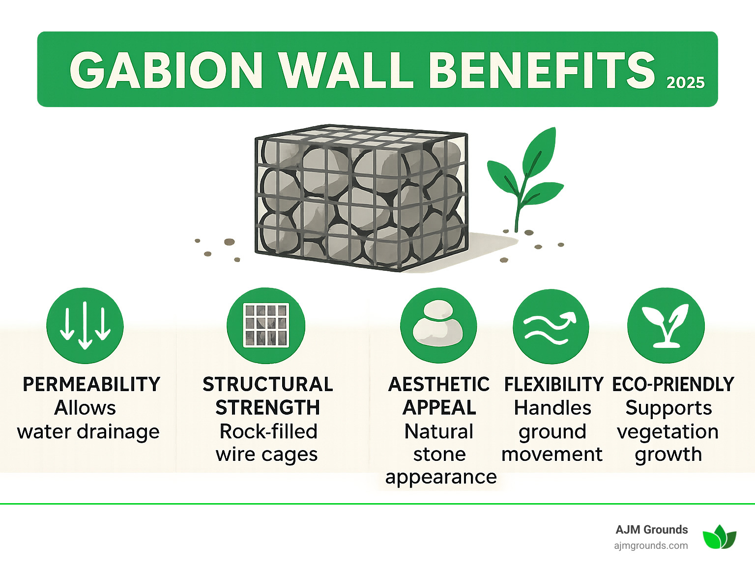How to Install a Gabion Retaining Wall Without Losing Your Marbles Infographic showing gabion wall benefits including permeability allowing water drainage, structural strength from rock-filled wire cages, aesthetic appeal with natural stone appearance, flexibility to handle ground movement, and eco-friendliness supporting vegetation growth - installing a gabion retaining wall infographic