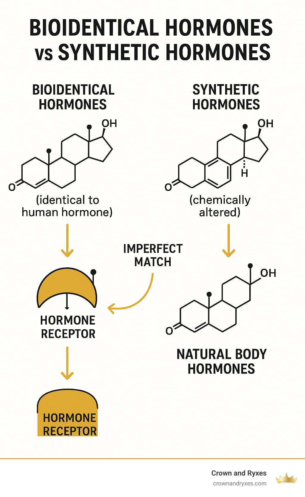 Infographic showing the molecular structure comparison between bioidentical hormones (identical to human hormones), synthetic hormones (chemically altered), and natural body hormones, with arrows indicating how bioidentical hormones fit perfectly into hormone receptor sites while synthetic hormones create an imperfect match - bhrt infographic 