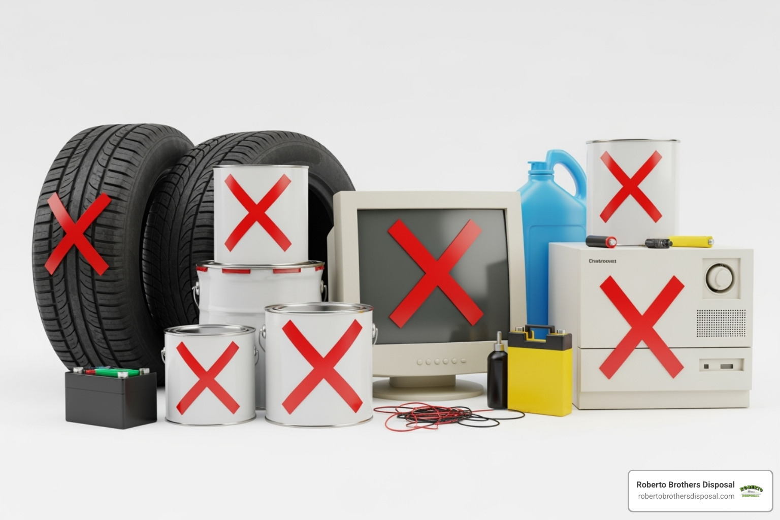 list of prohibited items with red X marks showing what cannot be disposed of in dumpsters - roll off dumpster rental prices