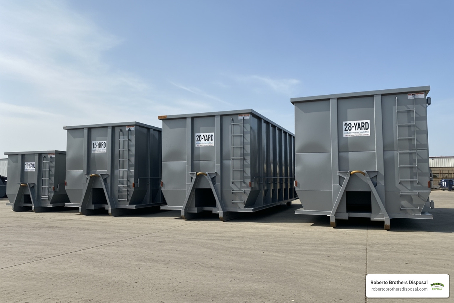 comparison of different dumpster sizes side-by-side showing 10, 15, 20, and 28 yard containers - roll off dumpster rental prices