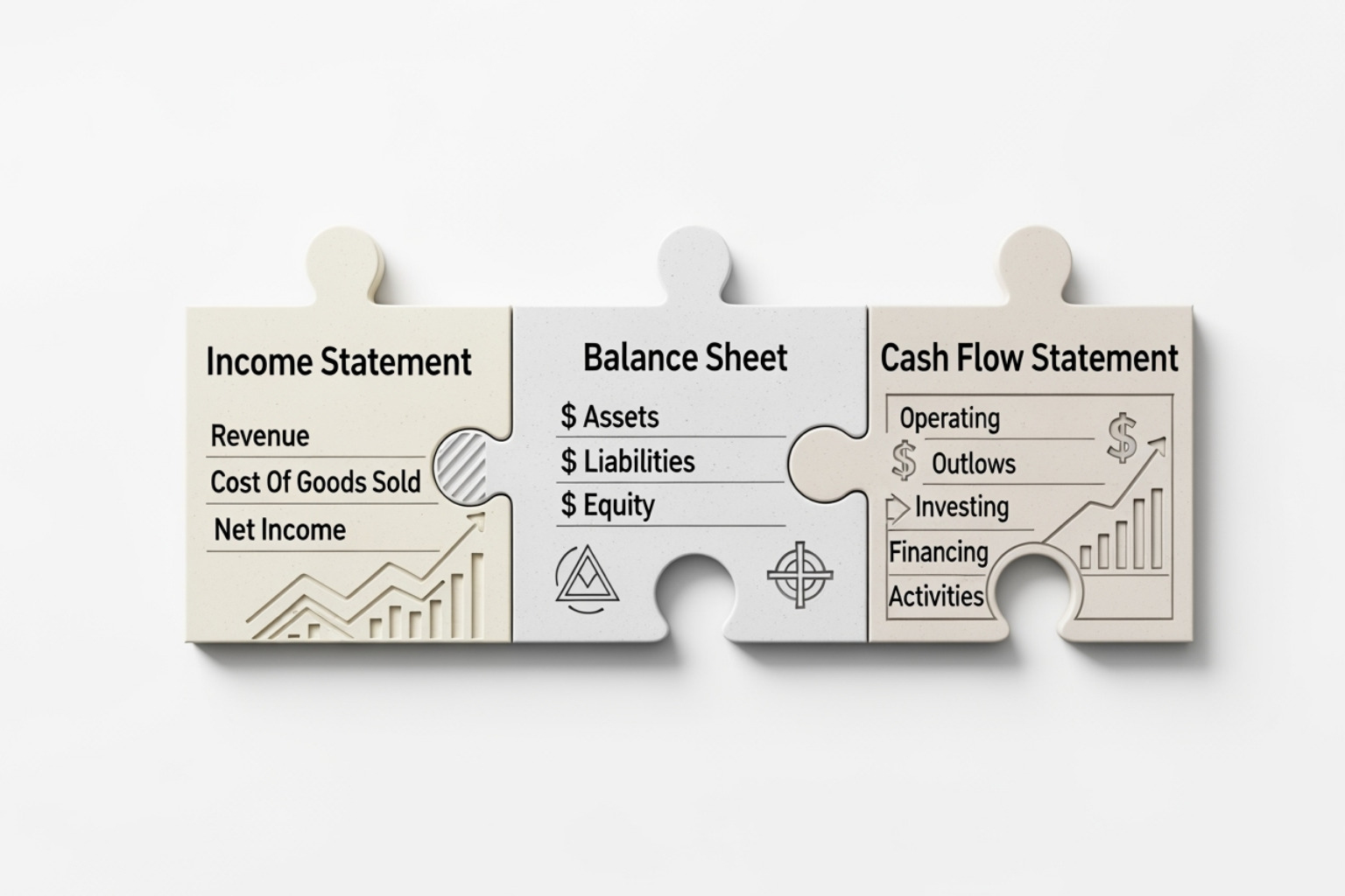 Three core financial statements as puzzle pieces fitting together showing income statement, balance sheet, and cash flow statement - financial plan and projections