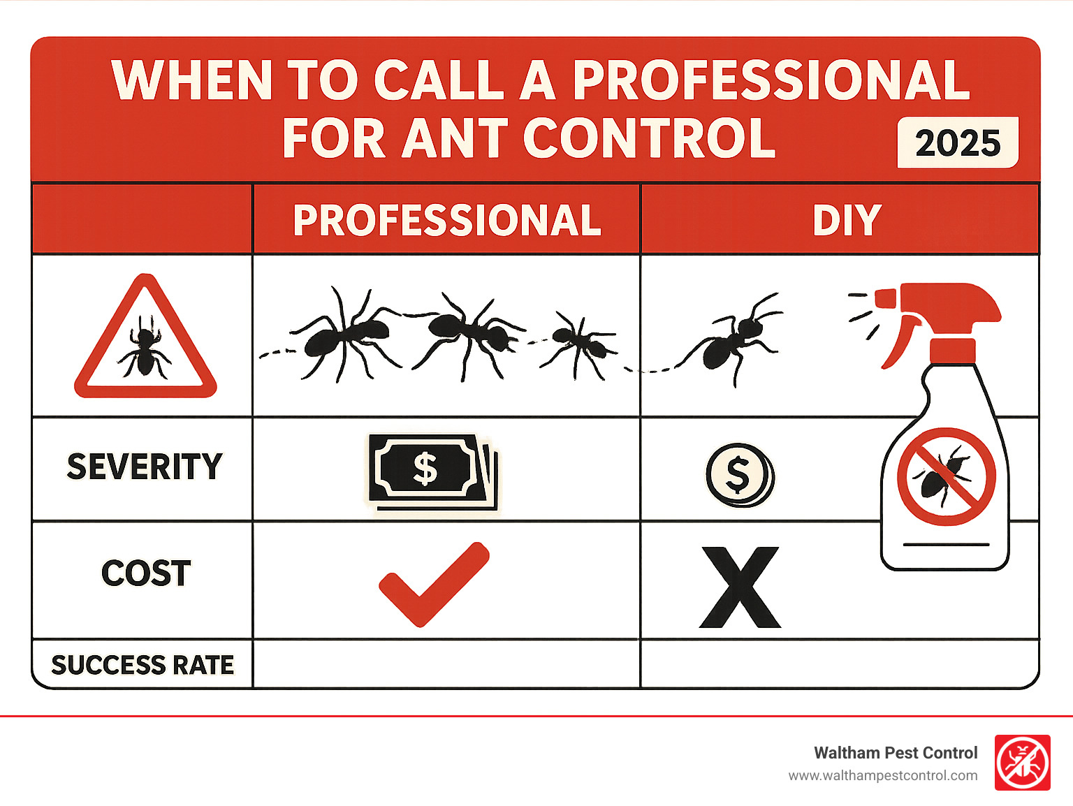 Infographic showing when to call professionals vs. DIY treatments, including severity levels, cost comparisons, and success rates - ant spray indoor infographic 