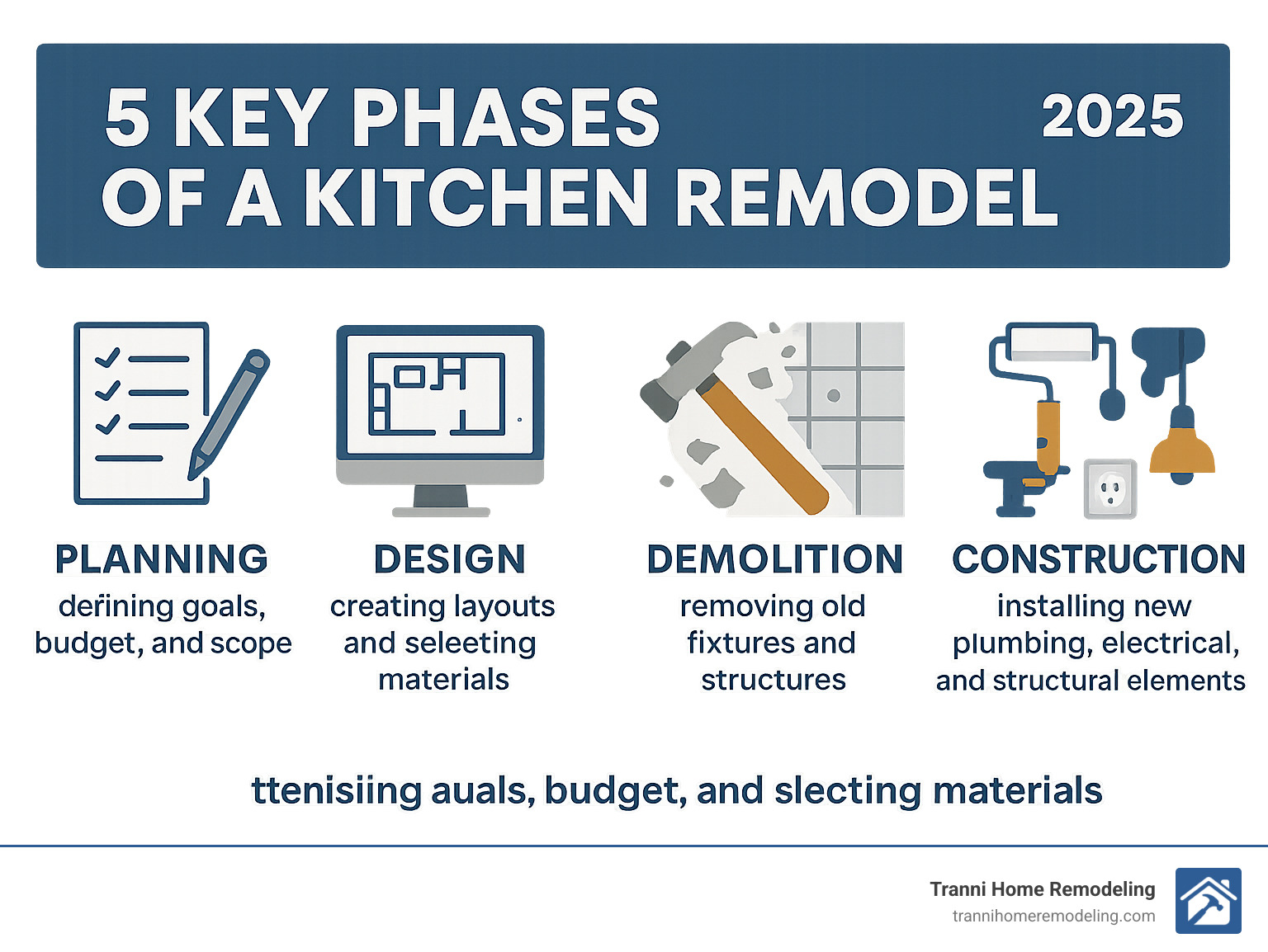 Infographic showing the 5 key phases of a kitchen remodel: Planning (defining goals, budget, and scope), Design (creating layouts and selecting materials), Demolition (removing old fixtures and structures), Construction (installing new plumbing, electrical, and structural elements), and Finishing (final installations, painting, and cleanup) - best kitchen remodelers near me infographic 
