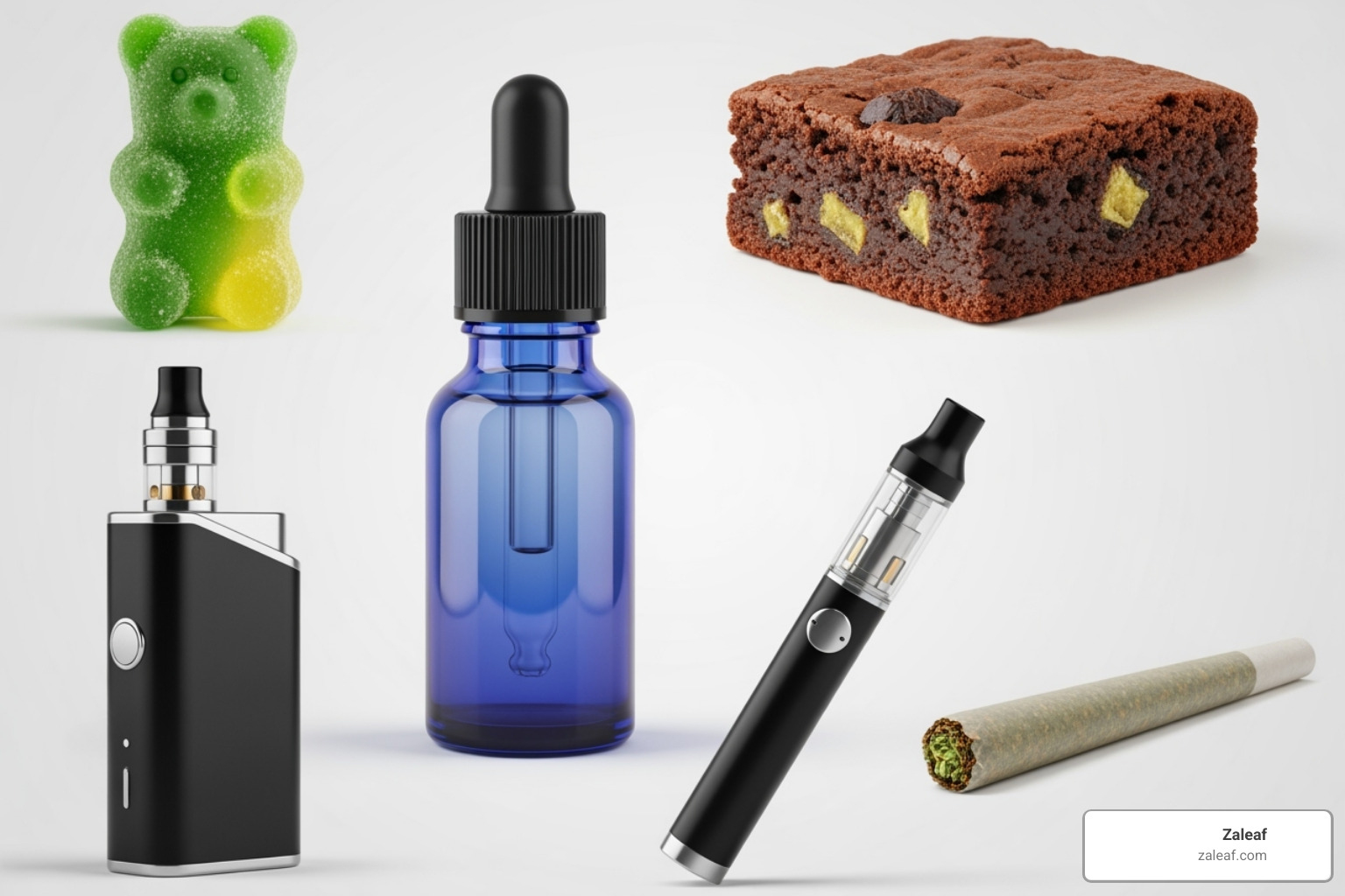 collage showing different cannabis consumption methods including edibles, tincture bottle, vape pen, and joint - are medical thc vape pens safe