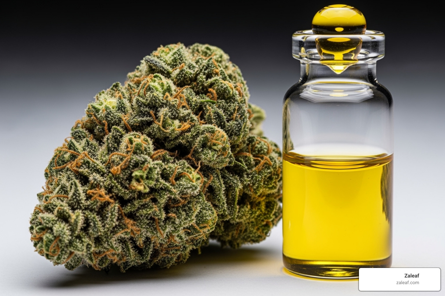 comparison of cannabis flower bud to small vial of THC oil showing concentration difference - are medical thc vape pens safe