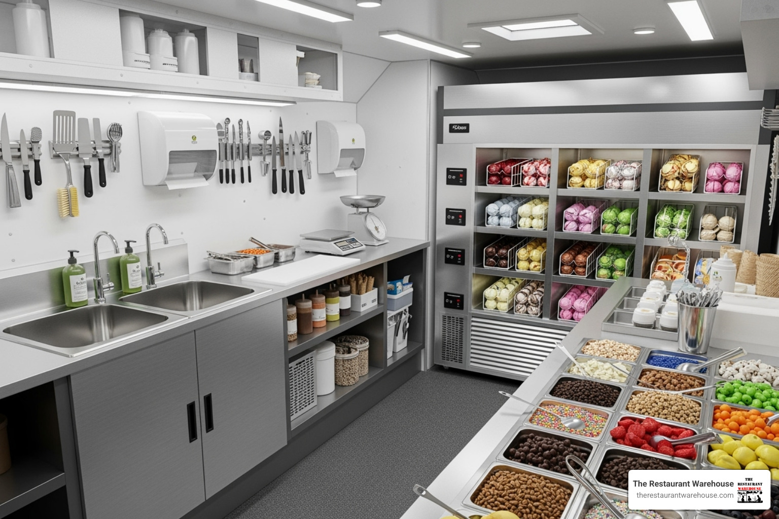 Interior of a well-organized ice cream concession trailer highlighting freezer, sinks, and prep areas - ice cream concession trailer