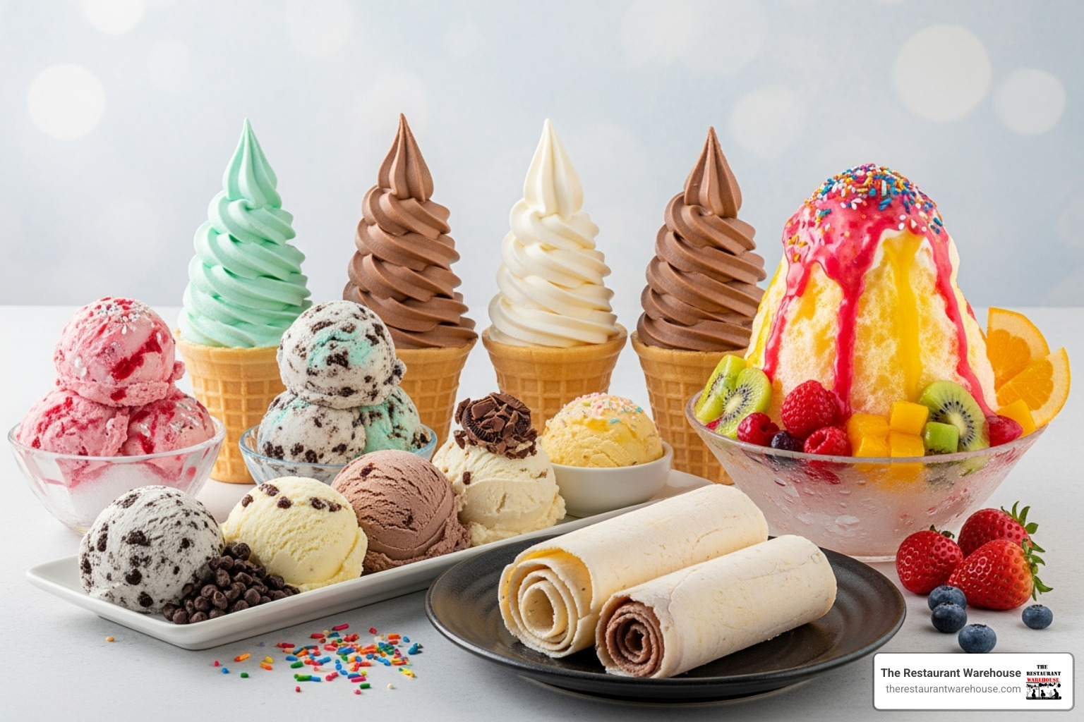 Colorful display of different frozen treats including scooped ice cream, soft serve swirls, rolled ice cream, and shaved ice - ice cream concession trailer