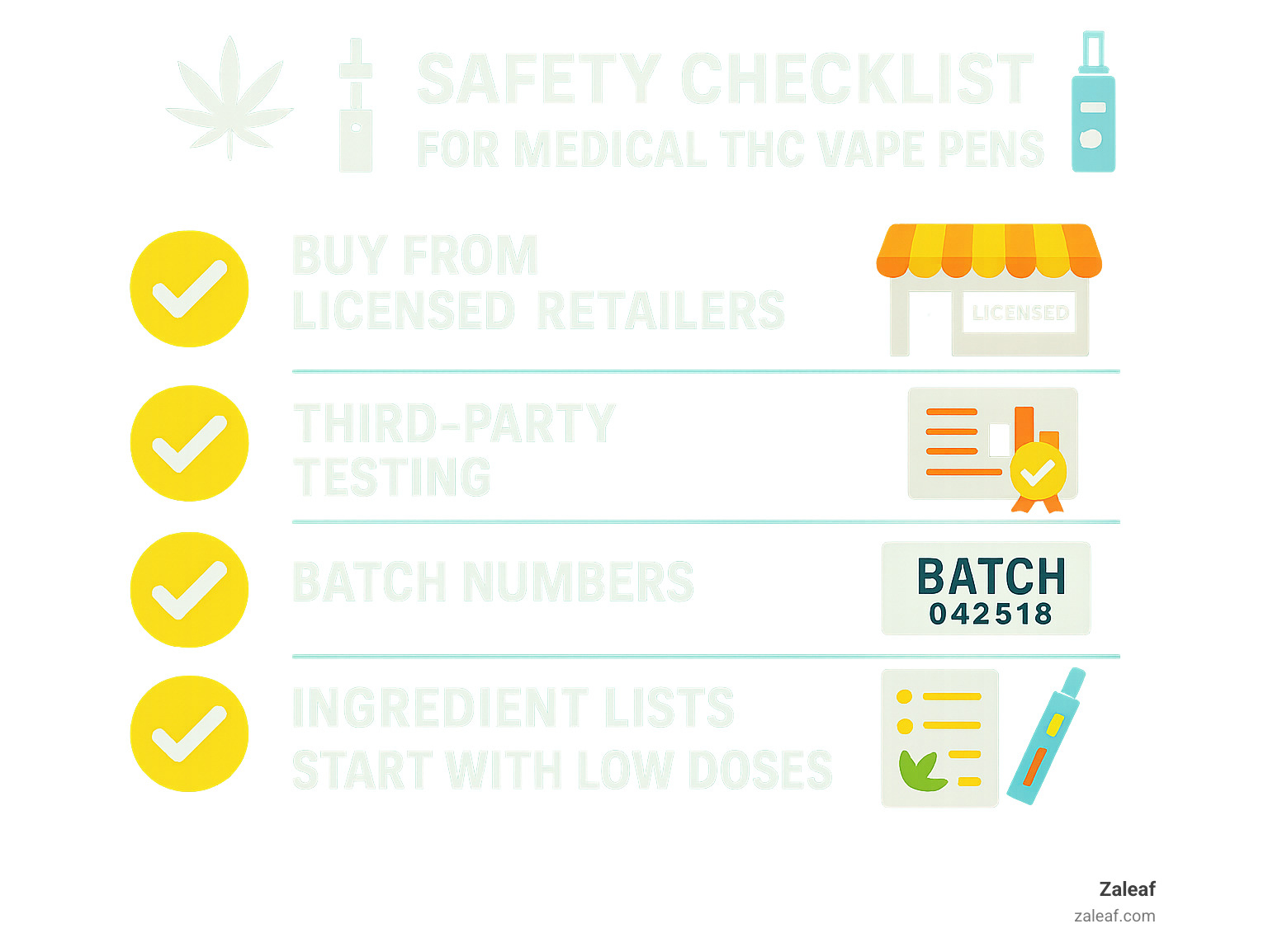 Infographic showing safety checklist for medical THC vape pens including licensed retailers, third-party testing, batch numbers, ingredient lists, and starting with low doses - are medical thc vape pens safe infographic 