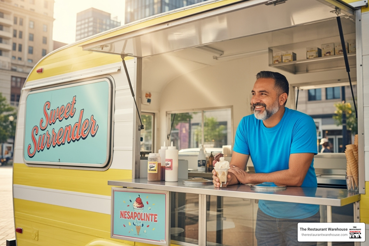 Side-by-side comparison showing an ice cream truck and ice cream concession trailer being towed by a pickup truck - ice cream concession trailer