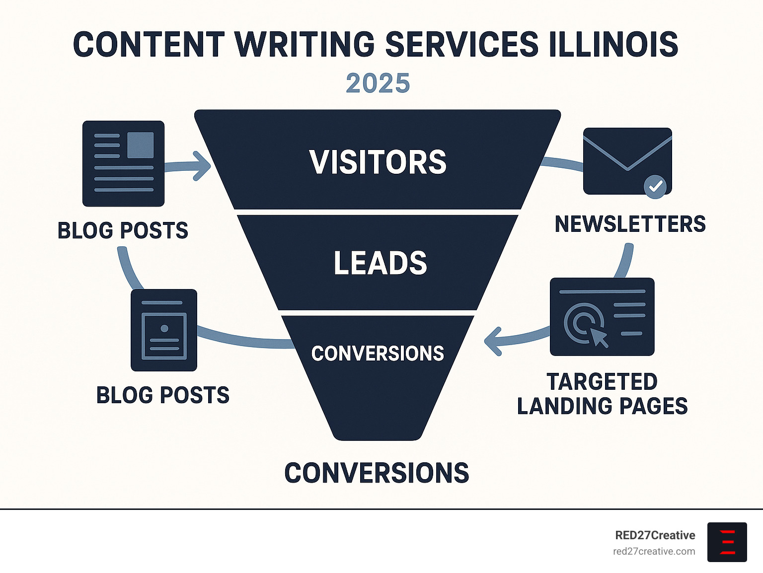 Words That Work Wonders – Illinois' Best Content Writing Agencies • Content Writing Services Illinois • RED27Creative Content marketing funnel visualization showing how blog posts attract visitors, newsletters nurture leads, and targeted landing pages drive conversions for Illinois businesses - Content Writing Services Illinois infographic