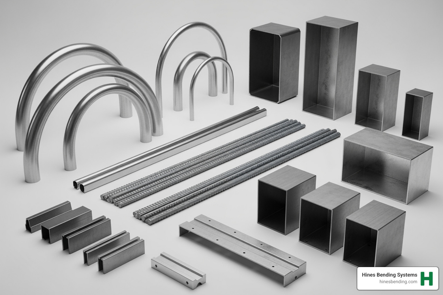 Various products created with Hines benders including complex tube assemblies, rebar forms, and sheet metal enclosures - bender machine