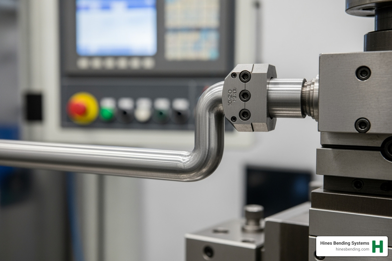 Close-up of a Hines mandrel bending operation showing the precision tooling and control systems - bender machine