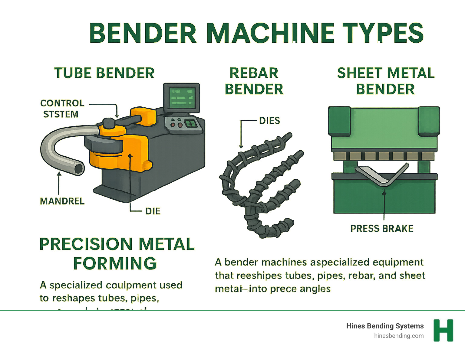 Comprehensive overview of bender machine types showing tube benders creating curved pipes, rebar benders forming construction reinforcement, and press brakes shaping sheet metal, with annotations highlighting key components like dies, mandrels, and control systems used in precision metal forming - bender machine infographic 
