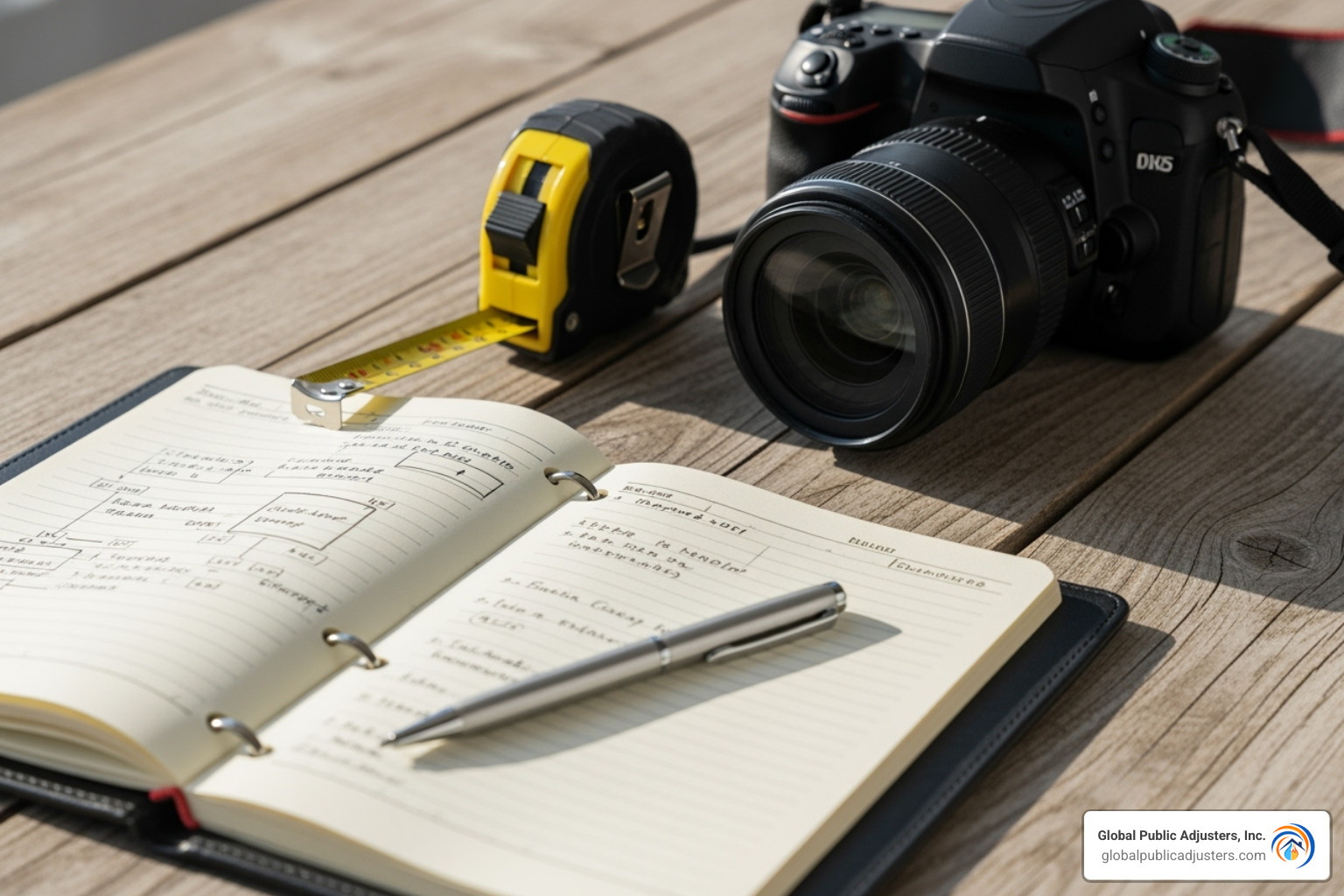 adjuster's toolkit including a camera, measuring tape, and notepad on a table - claim adjusting