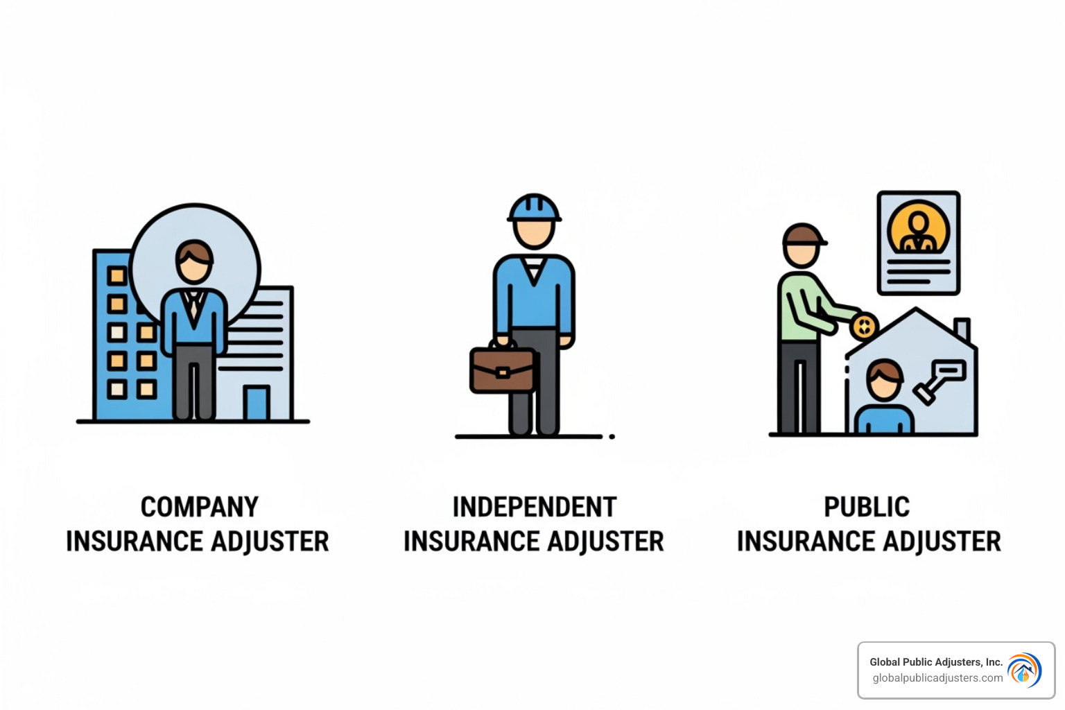 three icons representing a company adjuster, an independent adjuster, and a public adjuster - claim adjusting
