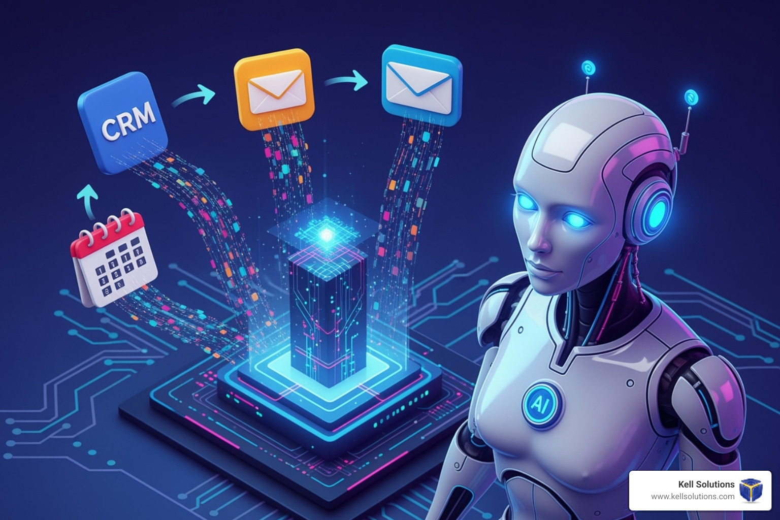 Workflow diagram showing an AI assistant automating tasks between a CRM, email, and calendar system - AI virtual sales assistant