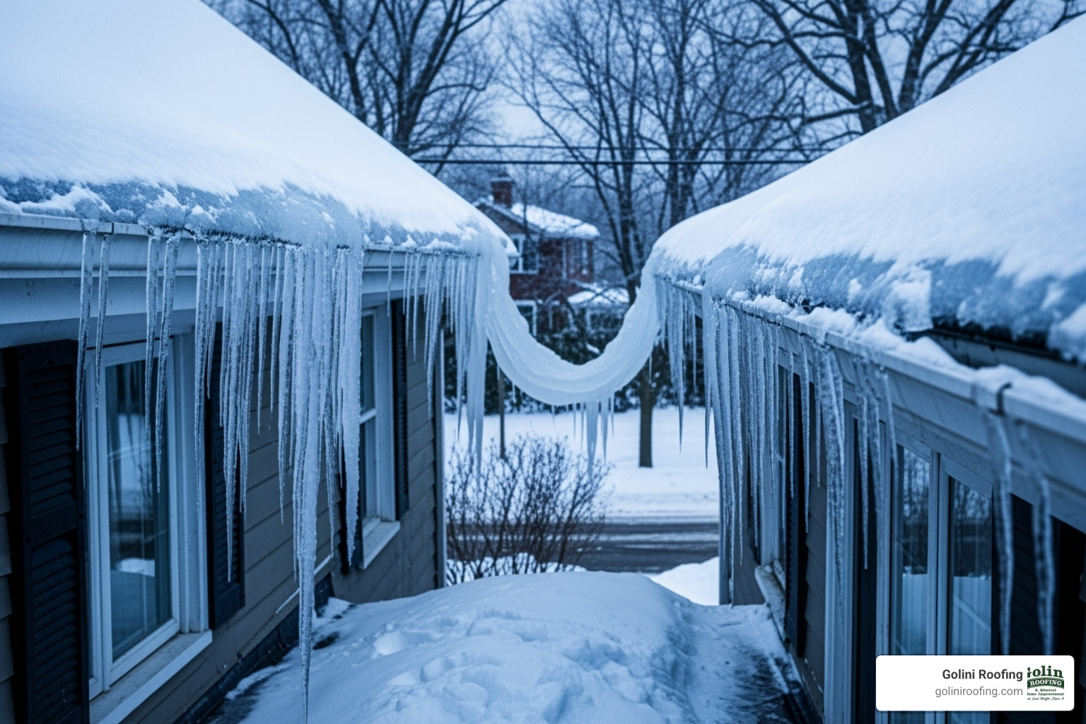 Severe ice dam with icicles forming along a gutter - roof repairs ipswich