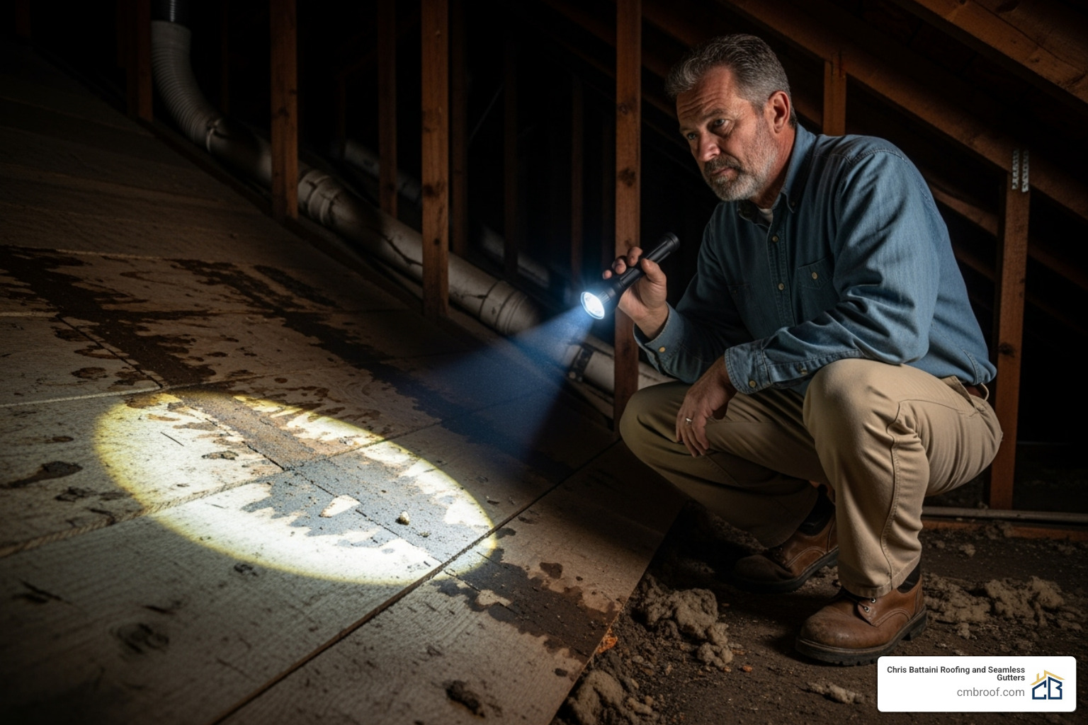 inspector in attic pointing flashlight at water stains on roof sheathing - roof home inspection inspector in attic pointing flashlight at water stains on roof sheathing - roof home inspection
