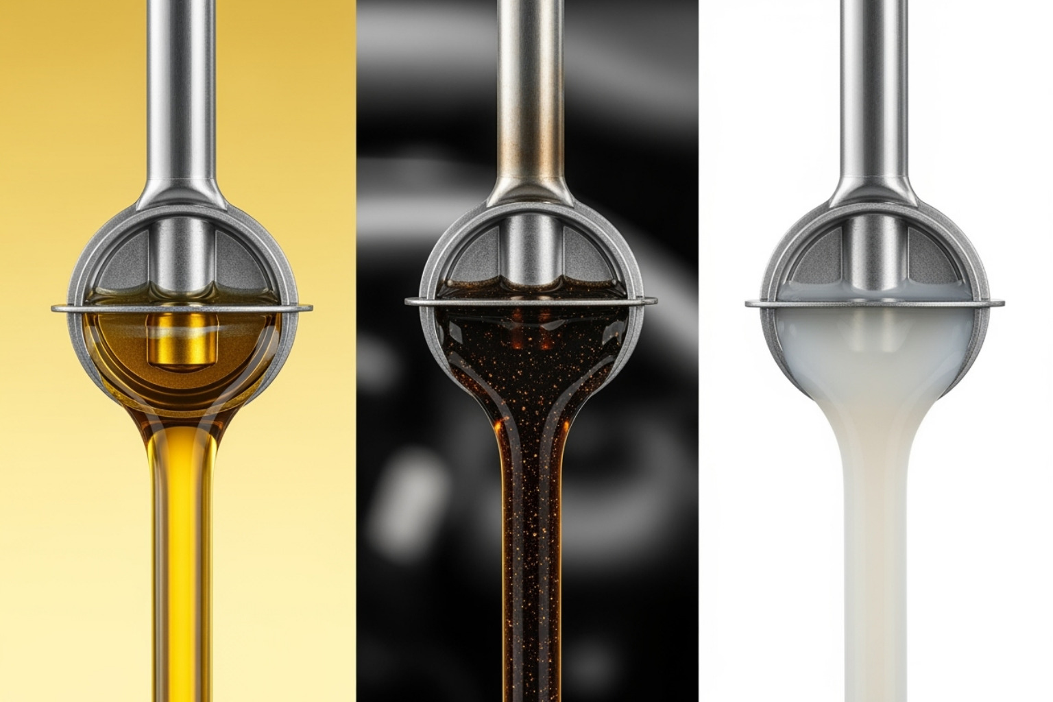 comparison of three dipsticks showing clean golden oil, dark gritty oil, and milky oil - checking car oil level