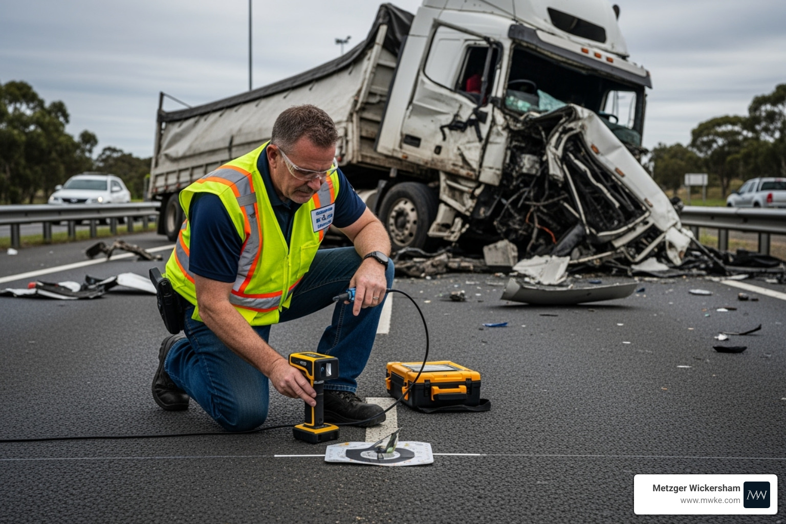 Accident reconstruction specialist examining a truck crash site with measuring equipment - Experienced truck accident lawyer