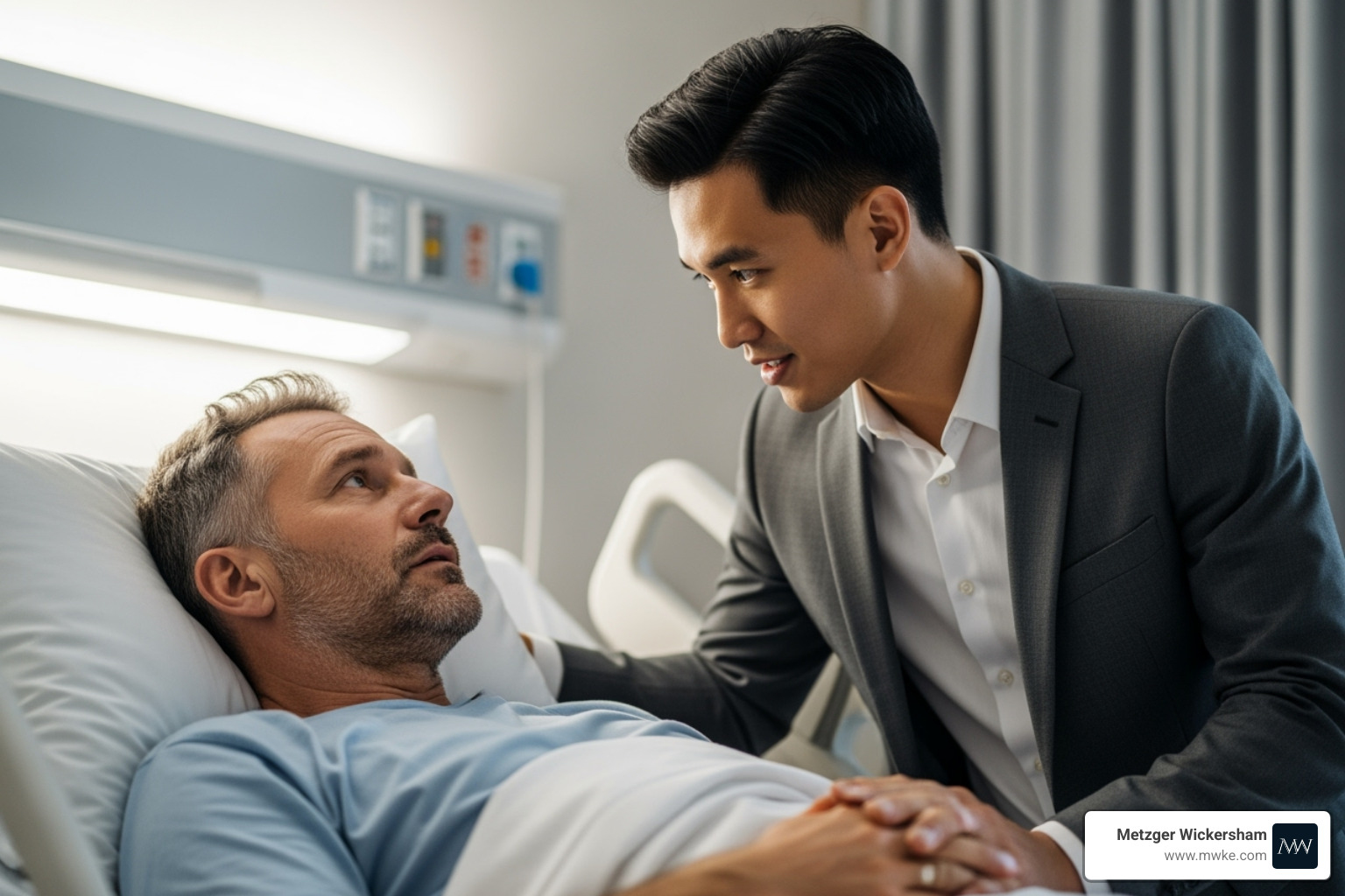 Compassionate lawyer speaking with an injured client in a hospital room - Experienced truck accident lawyer