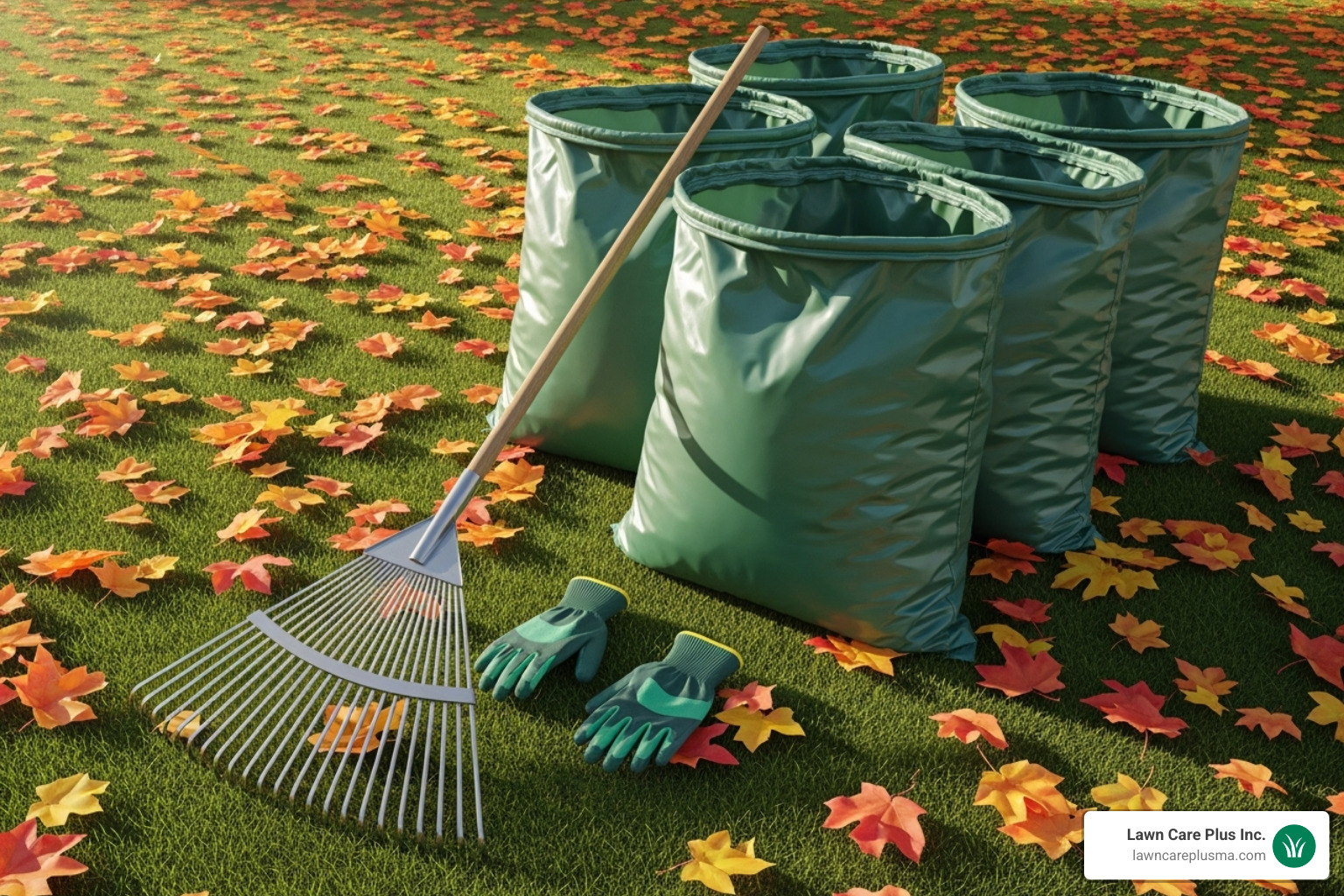 DIY leaf removal tools including rake, gloves, and yard bags - fall leaf cleanup prices