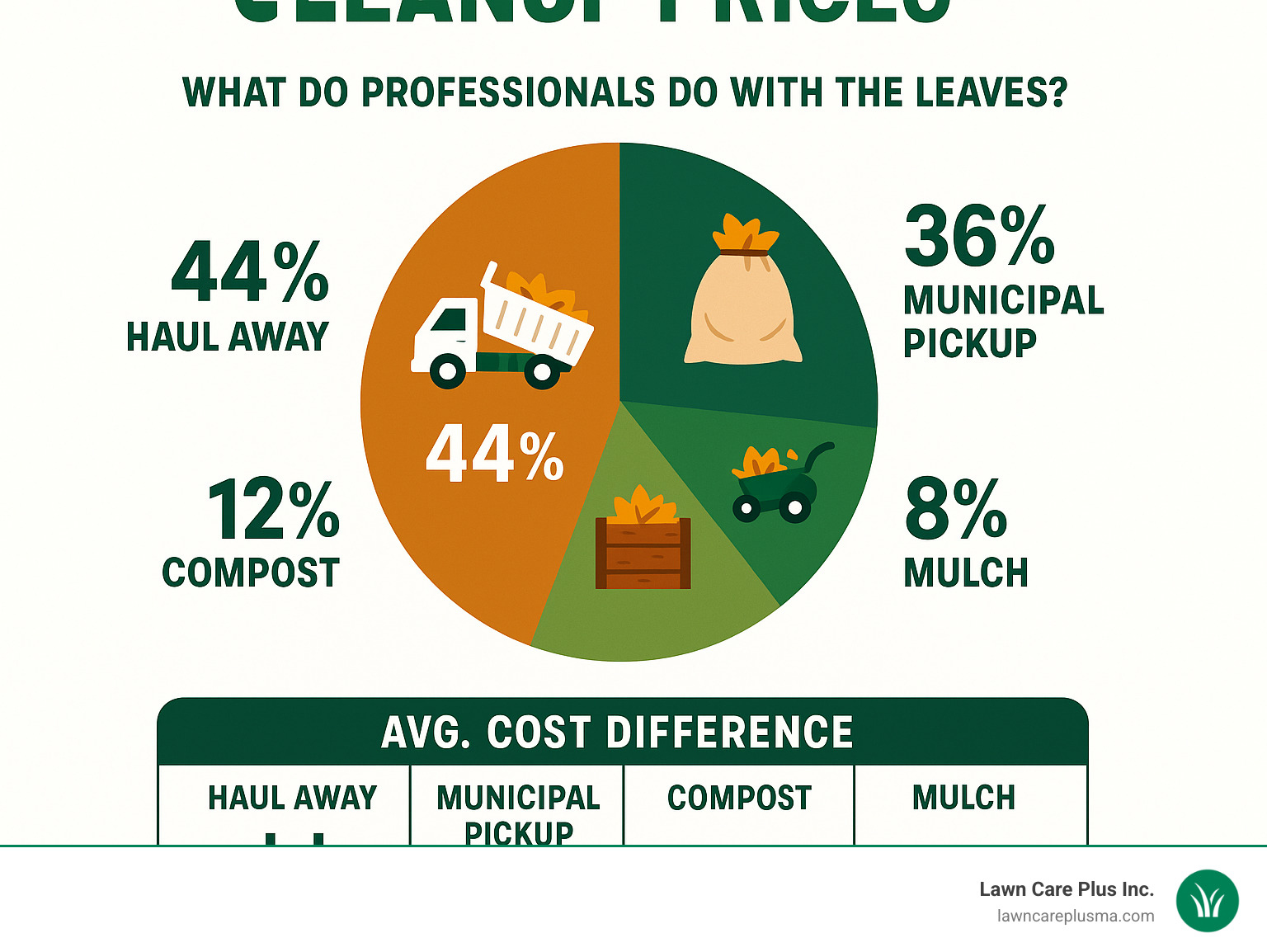 Infographic showing different leaf disposal methods used by professionals, including percentages for hauling away, municipal pickup, composting, and mulching, along with average cost differences for each method - fall leaf cleanup prices infographic 