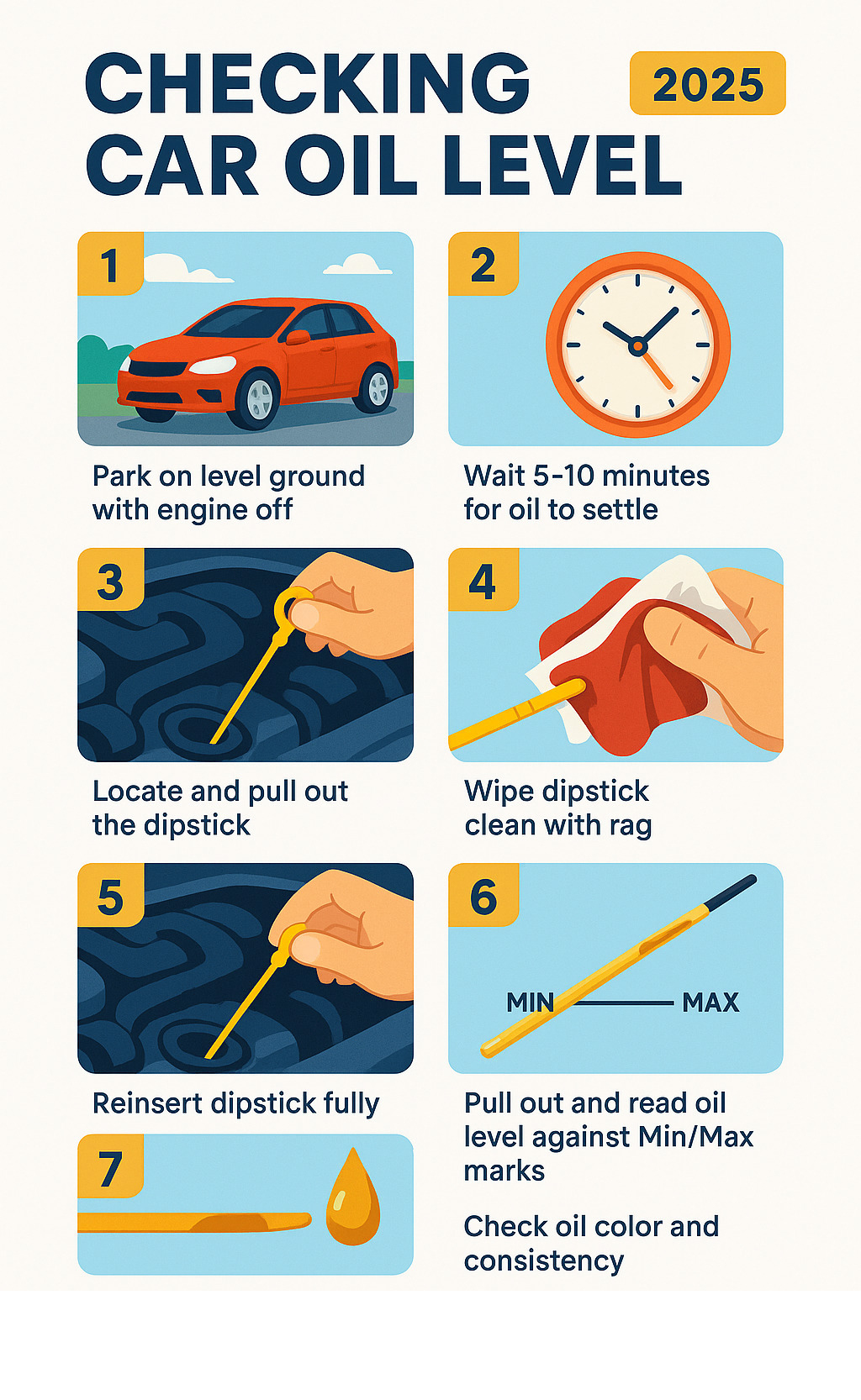 Step-by-step infographic showing the oil checking process: 1) Park on level ground with engine off, 2) Wait 5-10 minutes for oil to settle, 3) Locate and pull out the dipstick, 4) Wipe dipstick clean with rag, 5) Reinsert dipstick fully, 6) Pull out and read oil level against Min/Max marks, 7) Check oil color and consistency - checking car oil level infographic 
