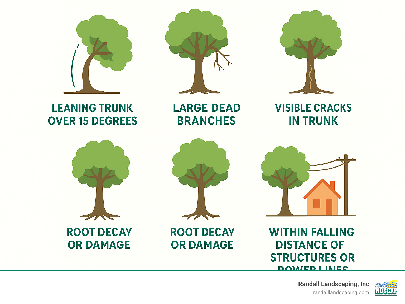 Infographic showing the top 5 warning signs a tree needs professional removal: leaning trunk over 15 degrees, large dead branches, visible cracks in trunk, root decay or damage, and trees within falling distance of structures or power lines - Salem NH tree removal infographic 