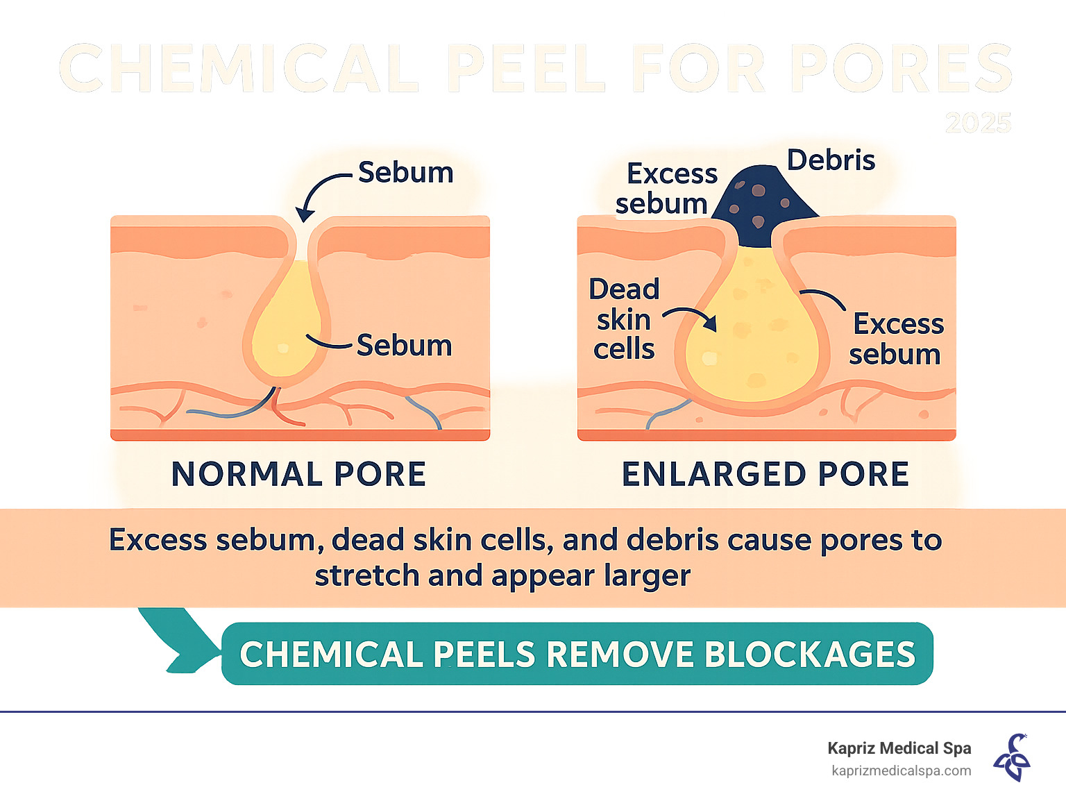 Infographic showing cross-section of skin with normal pore versus enlarged pore, illustrating how excess sebum, dead skin cells, and debris cause pores to stretch and appear larger, plus how chemical peels remove these blockages - chemical peel for pores infographic