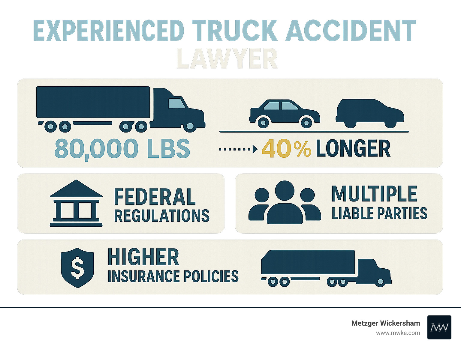 Infographic showing truck accident complexity: truck weight 80,000 lbs vs car 2,700 lbs, stopping distance 40% longer, federal regulations, multiple liable parties, and higher insurance policies - Experienced truck accident lawyer infographic 