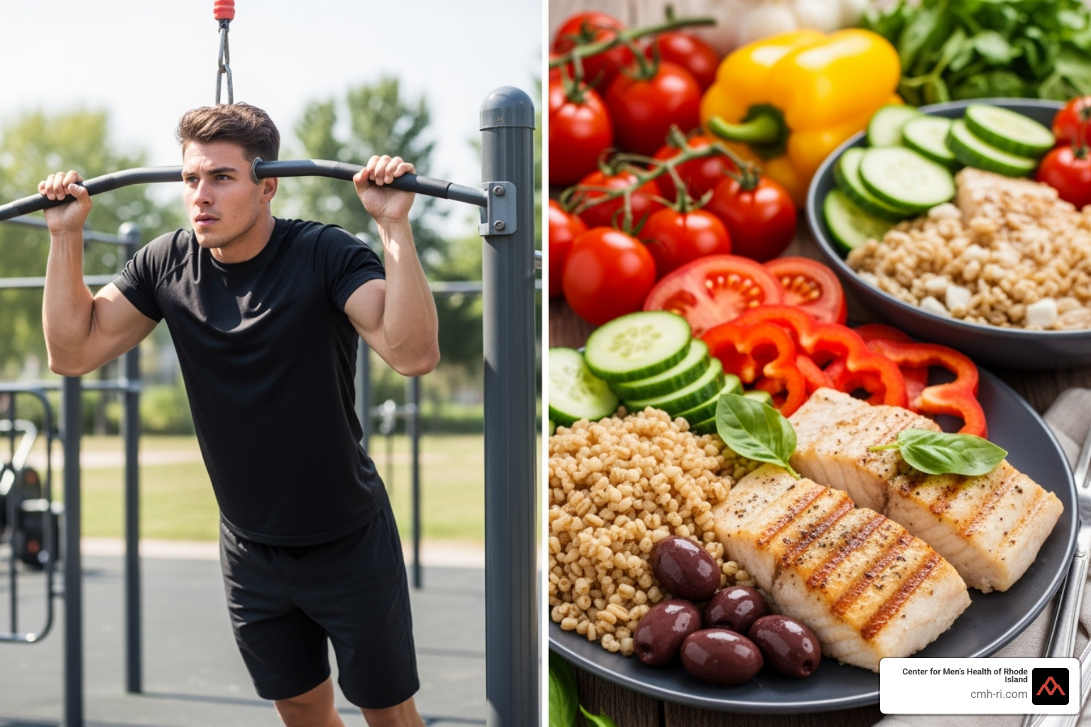 Split image showing a man exercising outdoors and a colorful, healthy Mediterranean-style meal with vegetables, fish, and whole grains - new erectile dysfunction treatments