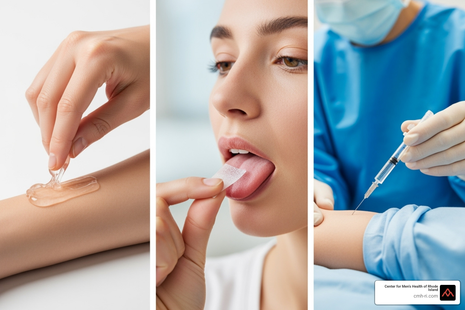 Different application methods for ED treatments including topical gels being applied, sublingual films dissolving under the tongue, and injection therapy administration - new erectile dysfunction treatments