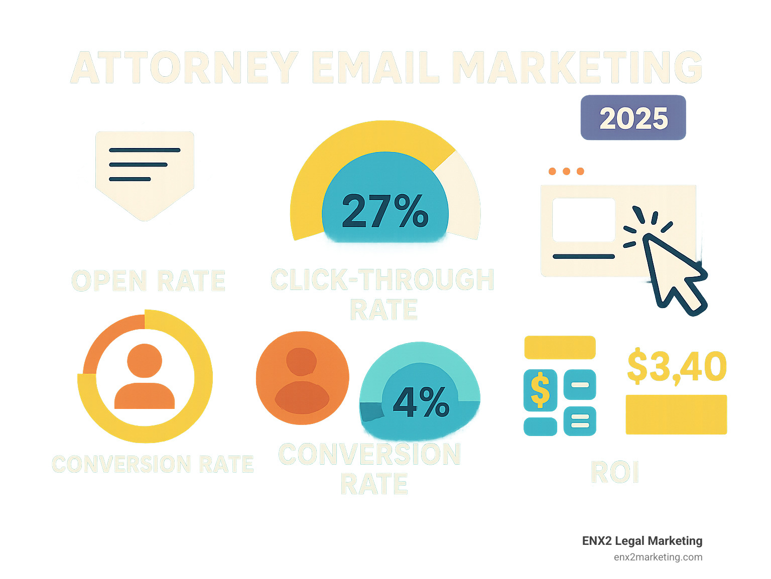 Email marketing performance metrics dashboard showing open rates, click-through rates, conversion rates, and ROI calculations for law firm campaigns - attorney email marketing infographic 