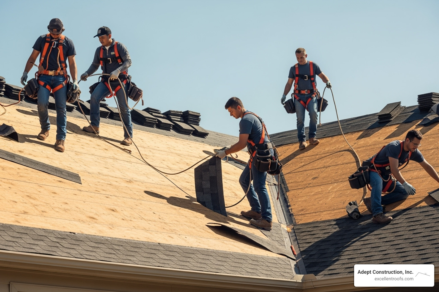 professional roofing crew safely working on a residential roof replacement - residential roofing Downers Grove
