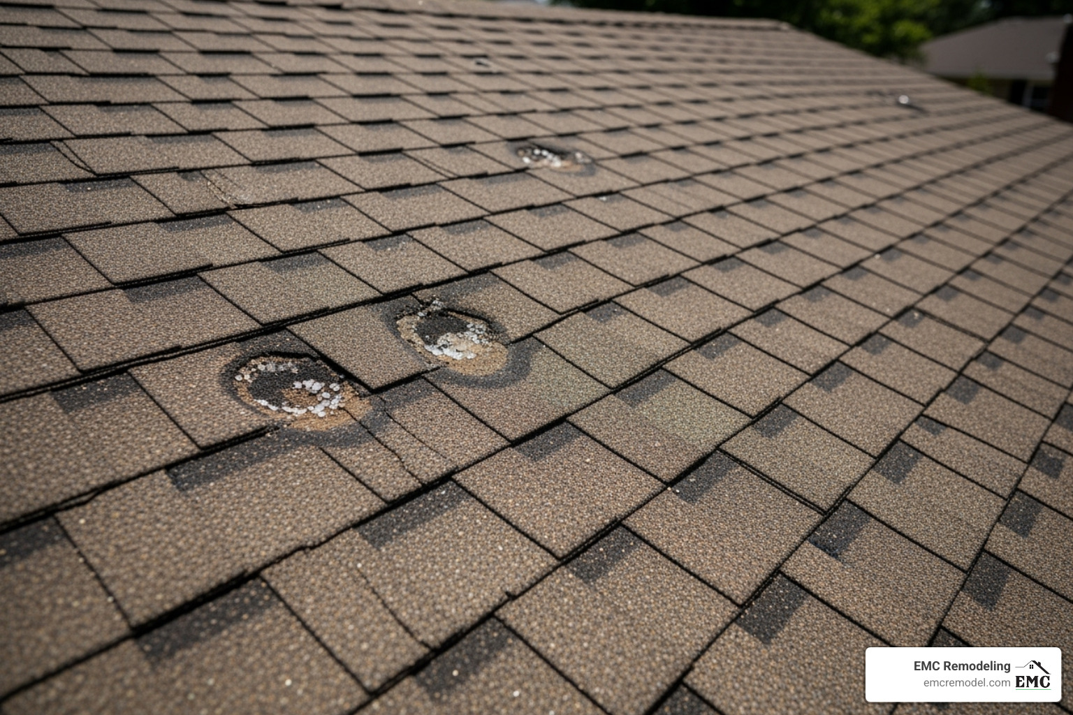 Close-up of hail damage on an asphalt shingle roof in Central Texas