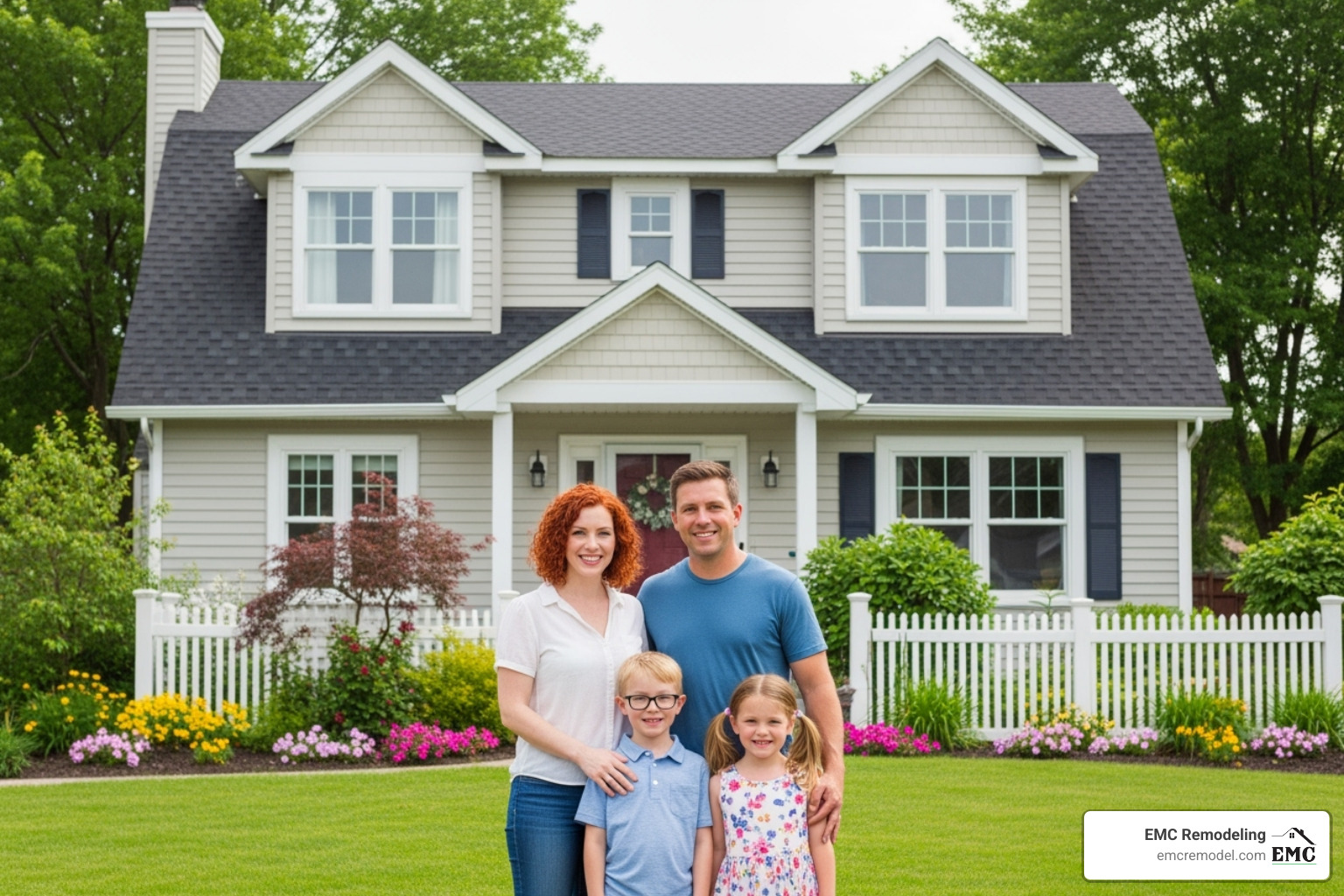 Happy Temple–Killeen family standing in front of their home with a new EMC Remodeling roof