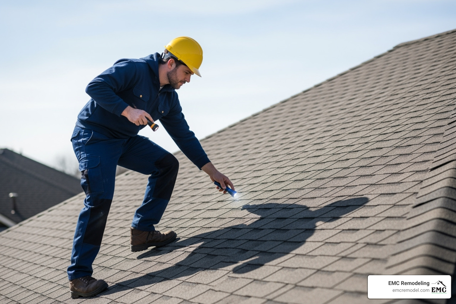 Professional roofer conducting a detailed roof inspection on a Temple–Killeen home