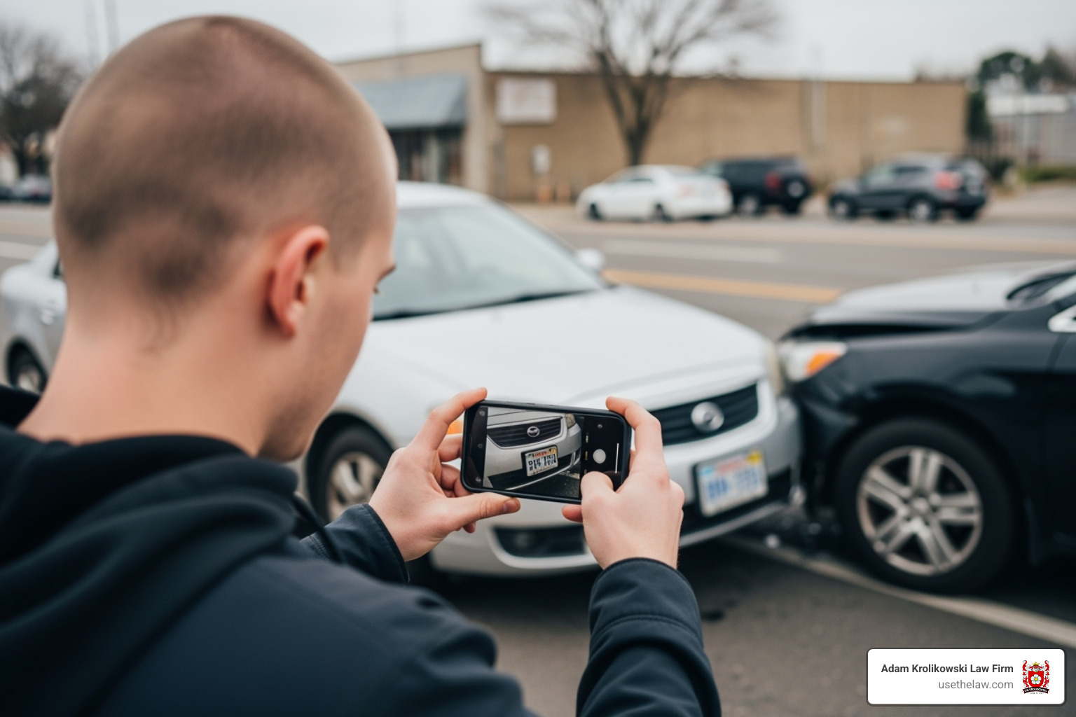 person taking a photo of a license plate with their smartphone at an accident scene - auto pedestrian accident lawyer