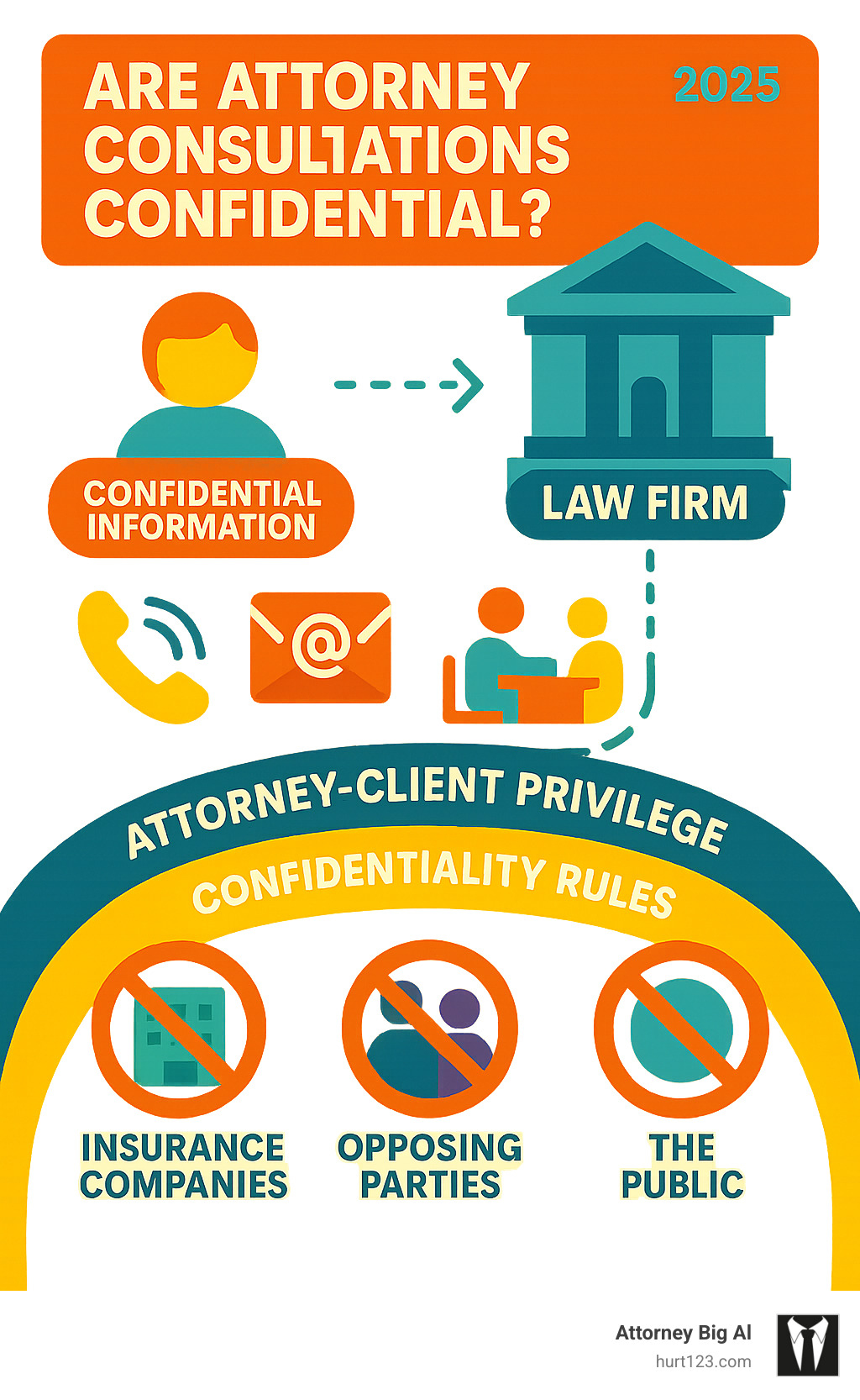 Infographic showing the flow of confidential information from a potential client through phone calls, emails, and in-person meetings to a law firm, with protective barriers representing attorney-client privilege and confidentiality rules that shield all communications from disclosure to insurance companies, opposing parties, and the public - Are attorney consultations confidential infographic 