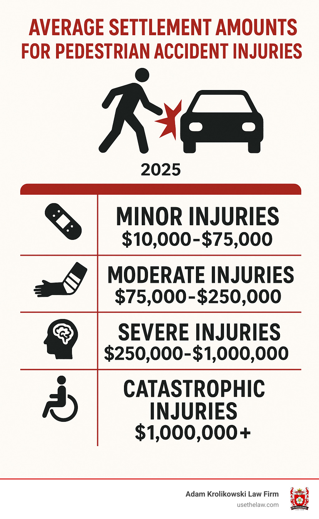 Average settlement amounts for different types of pedestrian accident injuries, showing ranges from minor injuries to catastrophic injuries - auto pedestrian accident lawyer infographic 