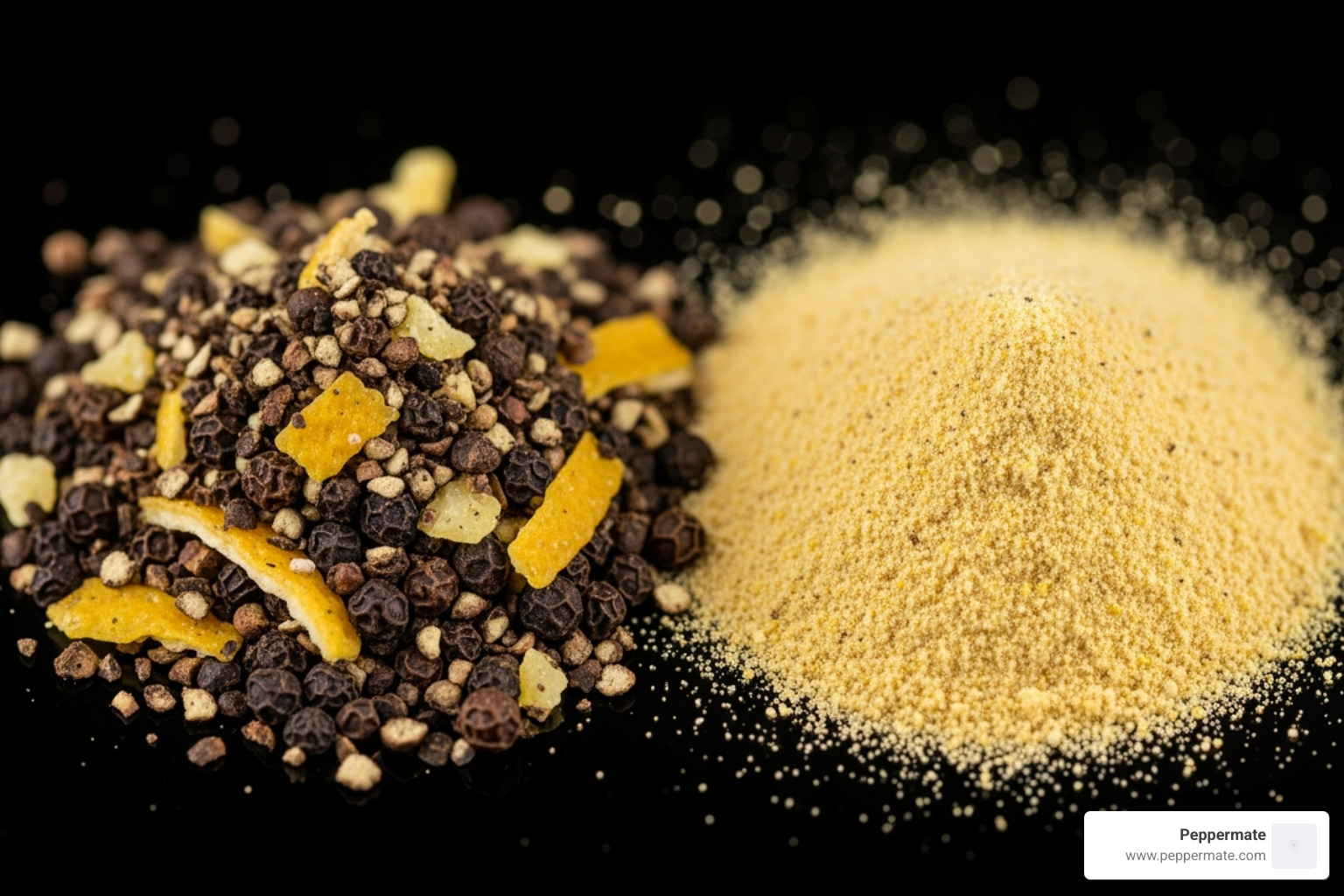 side-by-side comparison of coarse gourmet lemon pepper seasoning and fine standard powder - gourmet lemon pepper seasoning