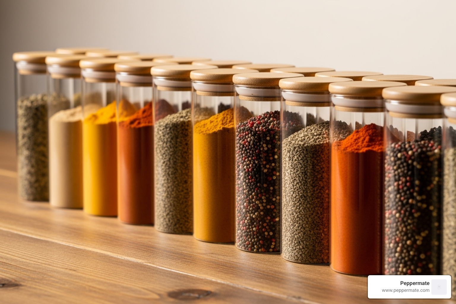 spices organized neatly in airtight glass jars with bamboo lids - gourmet lemon pepper seasoning
