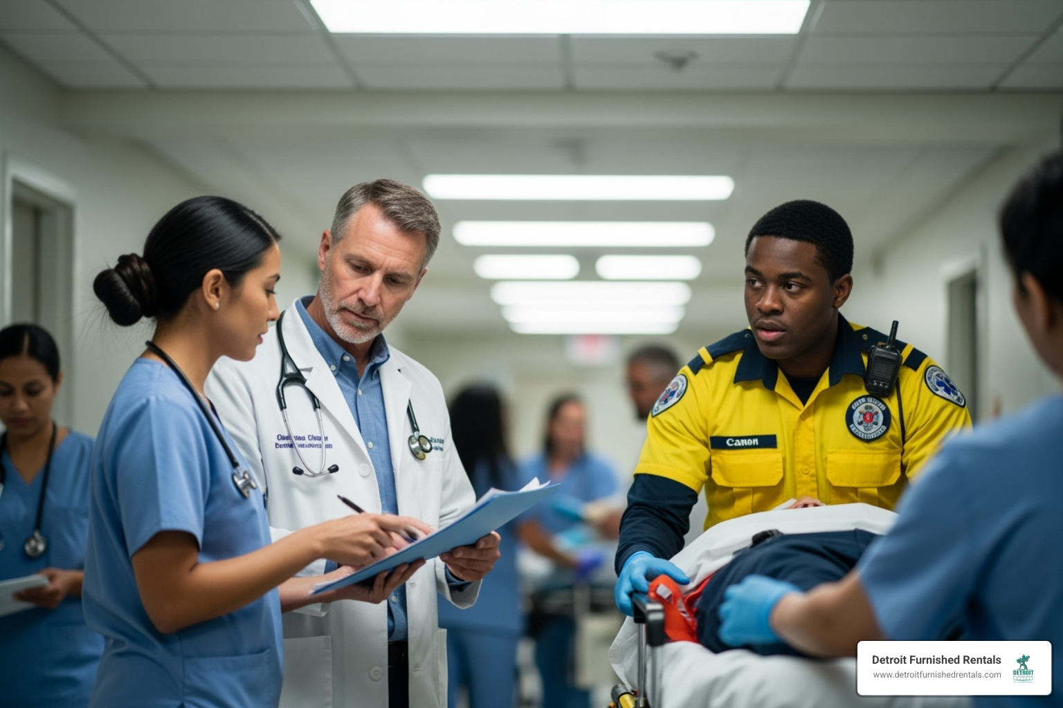Diverse medical staff collaborating in hospital hallway - st john providence hospital detroit