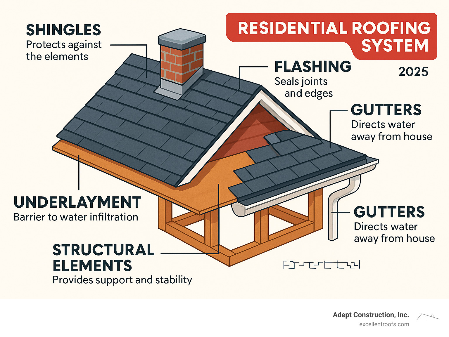 Infographic showing residential roofing system components including shingles, underlayment, flashing, gutters, ventilation, and structural elements with labels for each component and their protective functions - residential roofing Downers Grove infographic