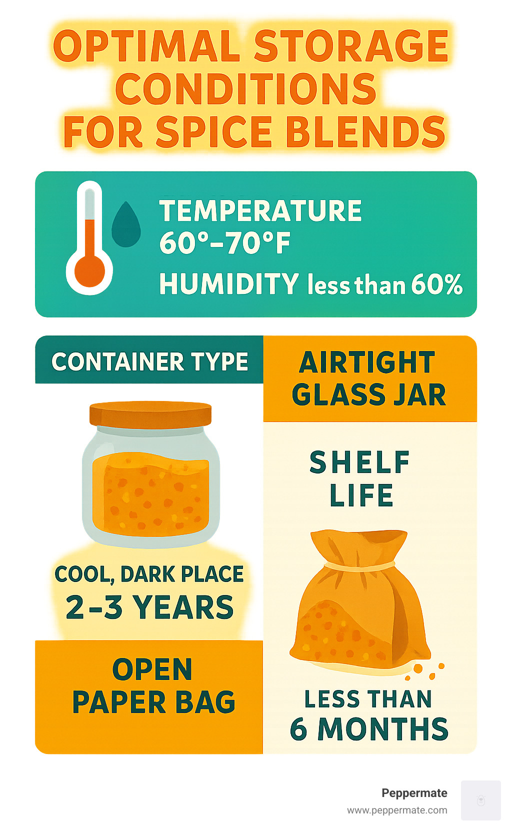 Infographic showing optimal storage conditions for spice blends, including temperature ranges, humidity levels, container types, and expected shelf life under different storage methods - gourmet lemon pepper seasoning infographic 